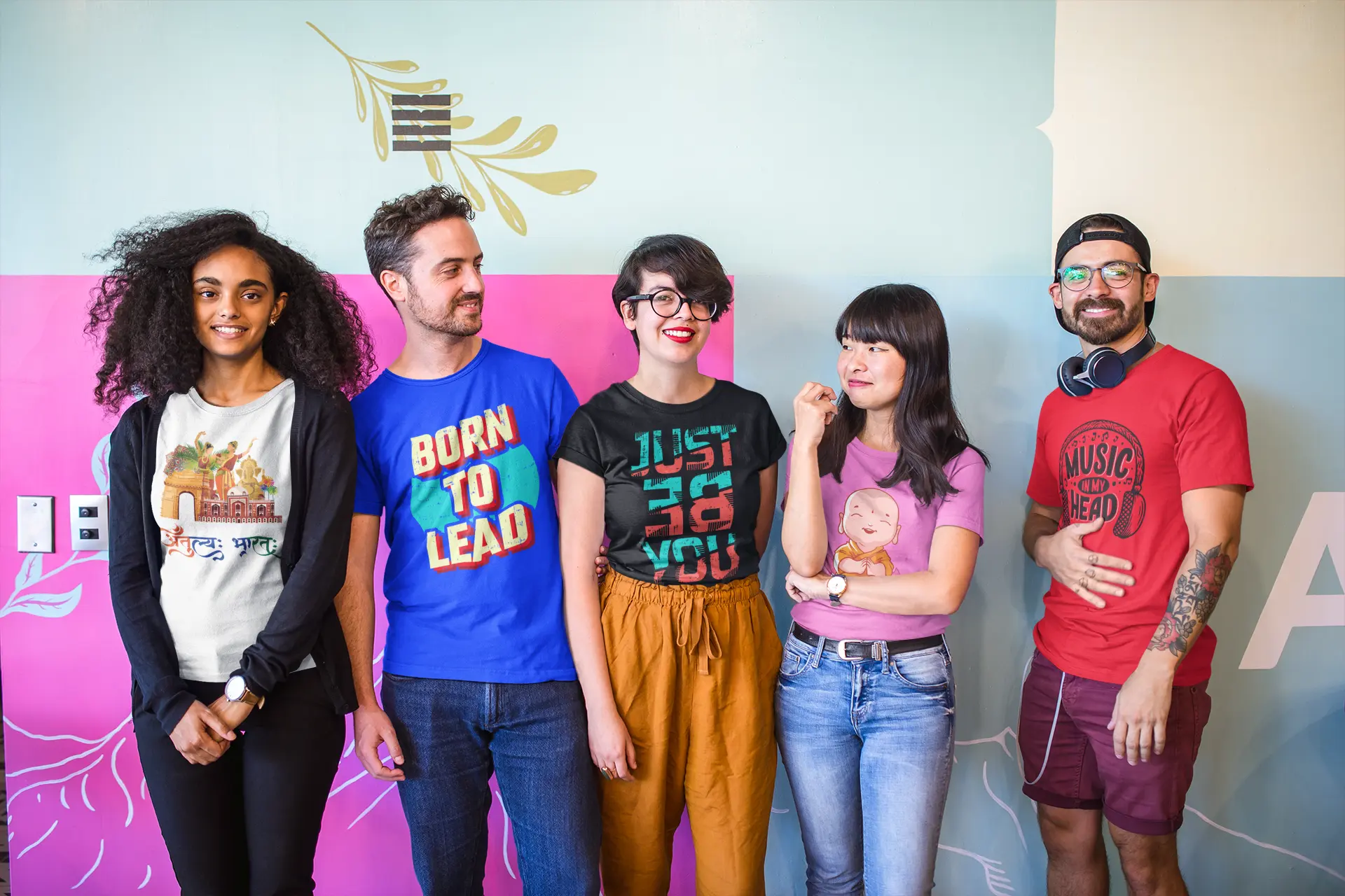 interracial-group-of-five-coworkers-wearing-t-shirts-mockup-at-a-startup-a20413